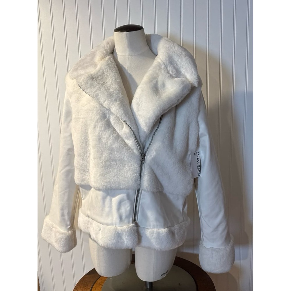 NINE WEST White Faux-Fur Faux Leather Moto Jacket Daisy‎ Dew